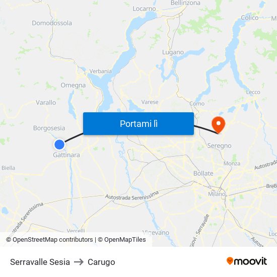 Serravalle Sesia to Carugo map