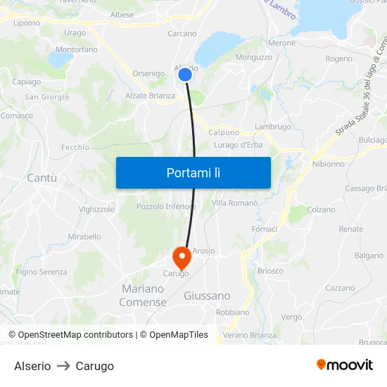 Alserio to Carugo map