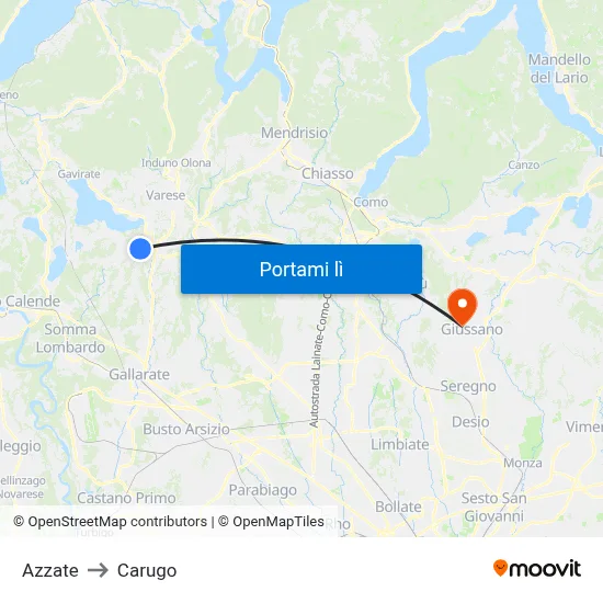 Azzate to Carugo map