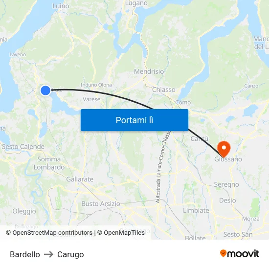Bardello to Carugo map
