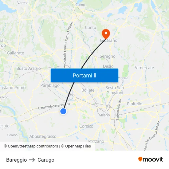 Bareggio to Carugo map