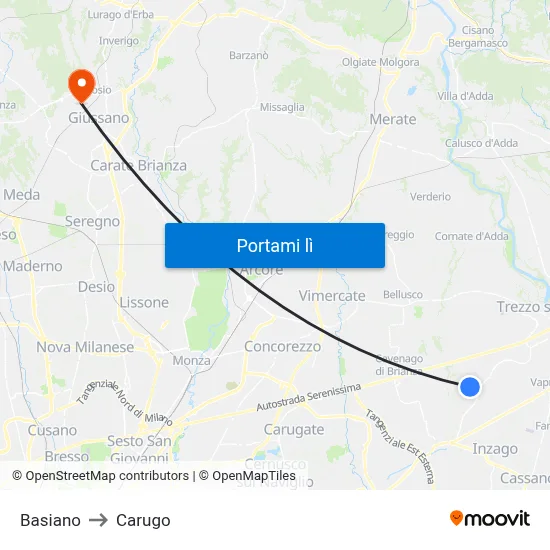 Basiano to Carugo map