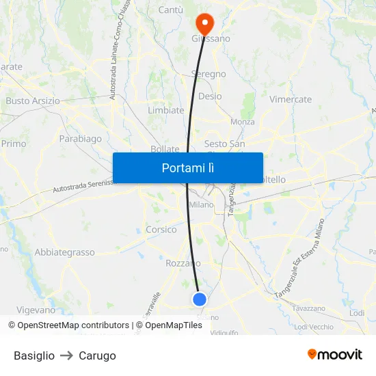 Basiglio to Carugo map