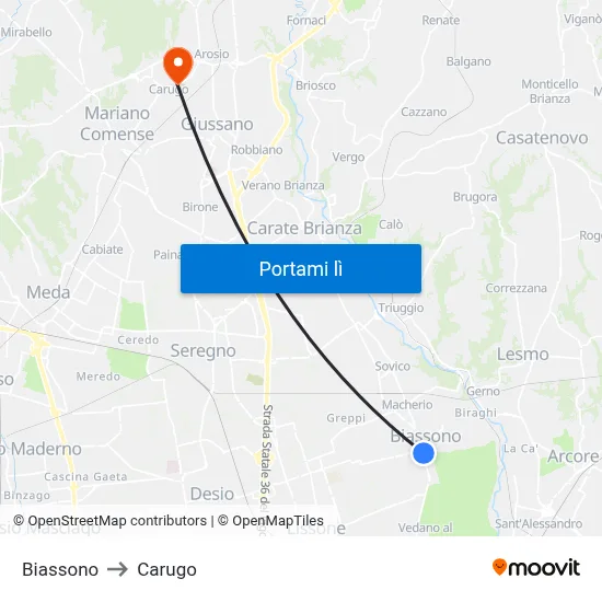 Biassono to Carugo map