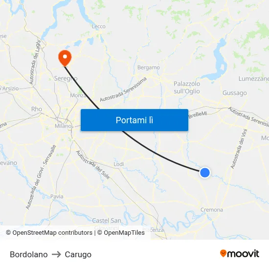Bordolano to Carugo map