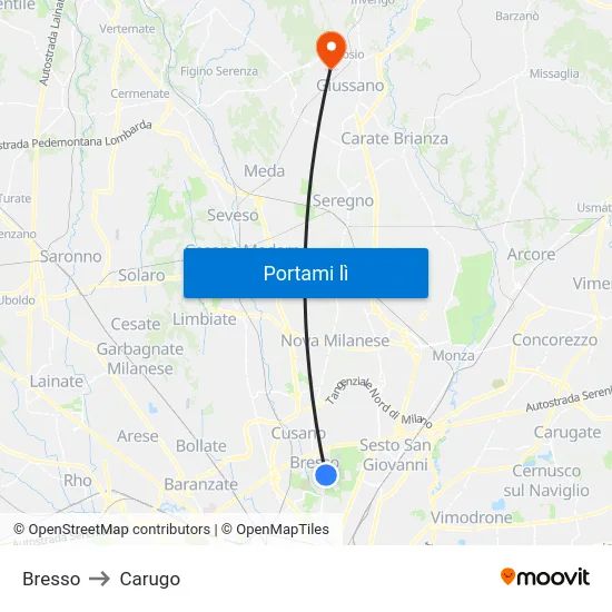 Bresso to Carugo map