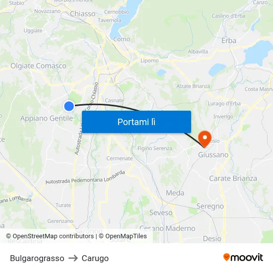 Bulgarograsso to Carugo map