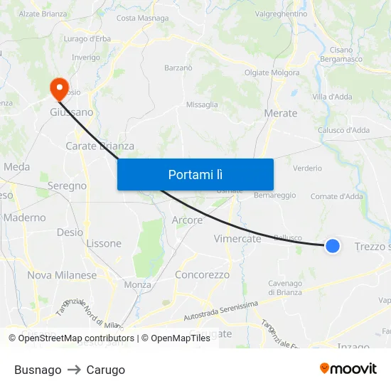 Busnago to Carugo map