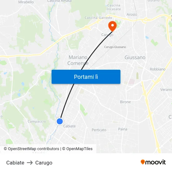 Cabiate to Carugo map