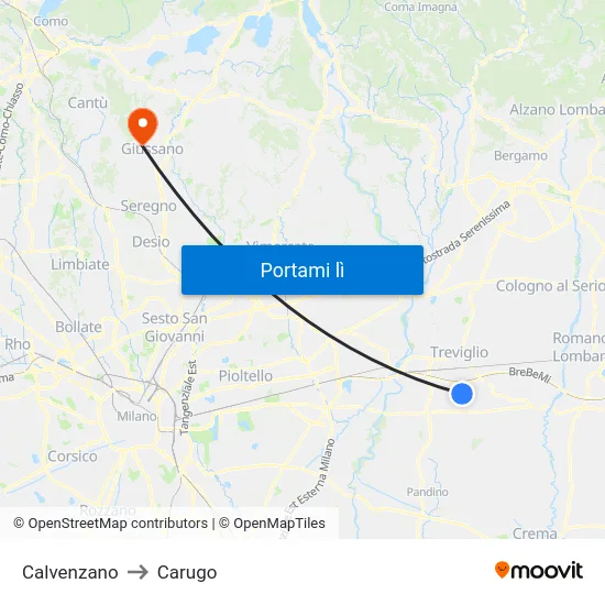 Calvenzano to Carugo map