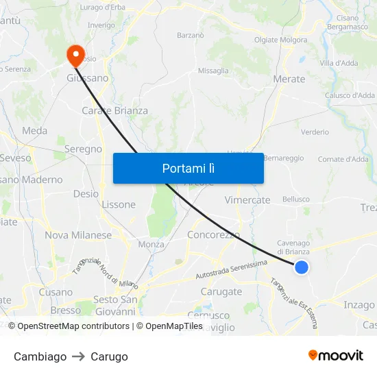Cambiago to Carugo map