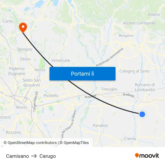 Camisano to Carugo map