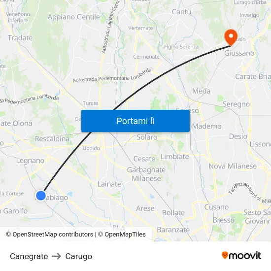Canegrate to Carugo map