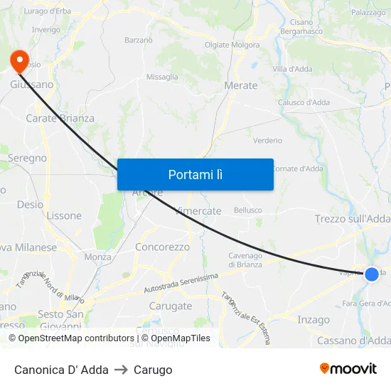Canonica D' Adda to Carugo map