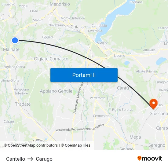 Cantello to Carugo map