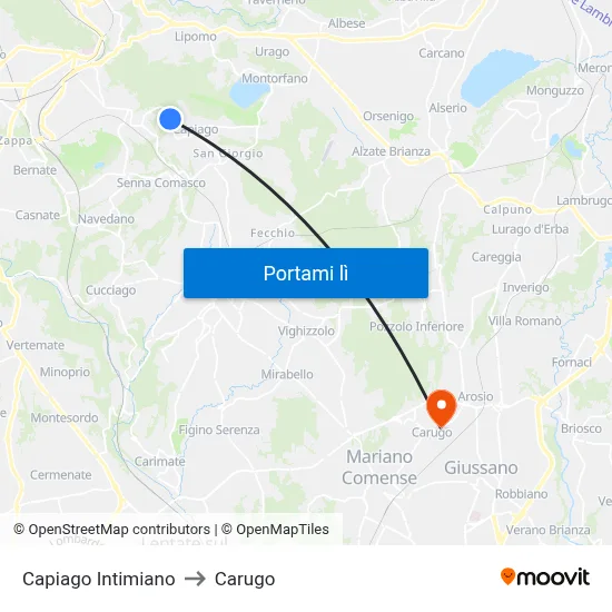 Capiago Intimiano to Carugo map