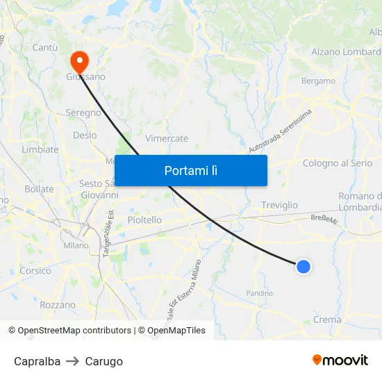 Capralba to Carugo map