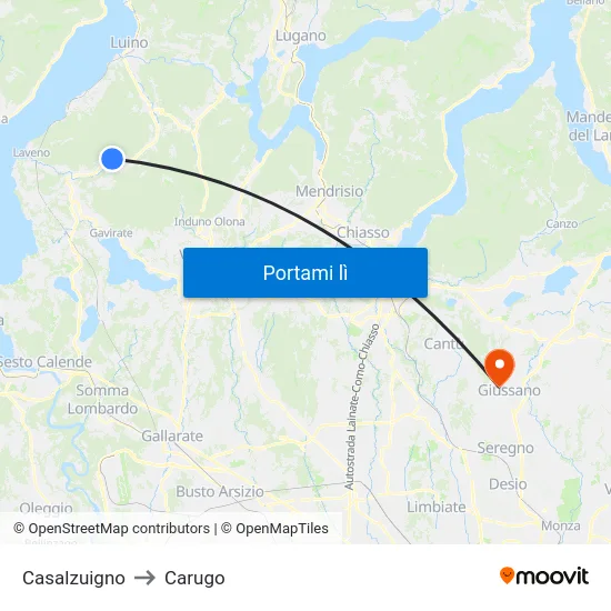 Casalzuigno to Carugo map