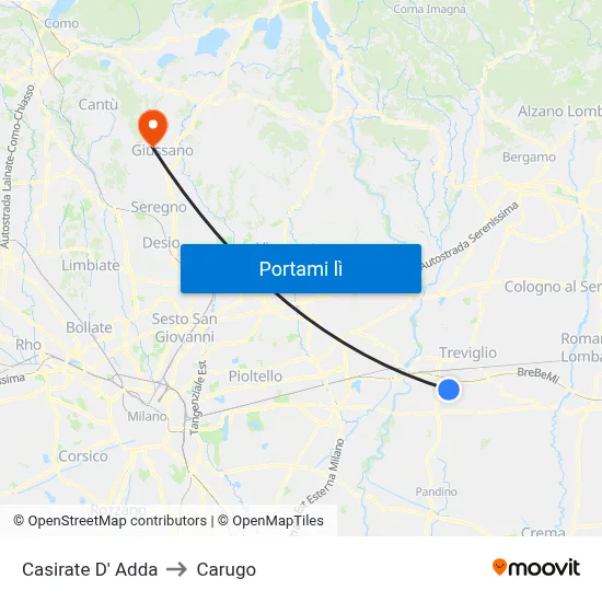 Casirate D' Adda to Carugo map