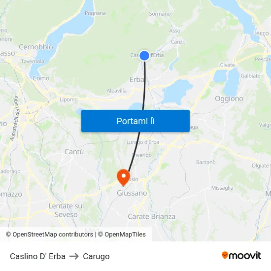 Caslino D' Erba to Carugo map