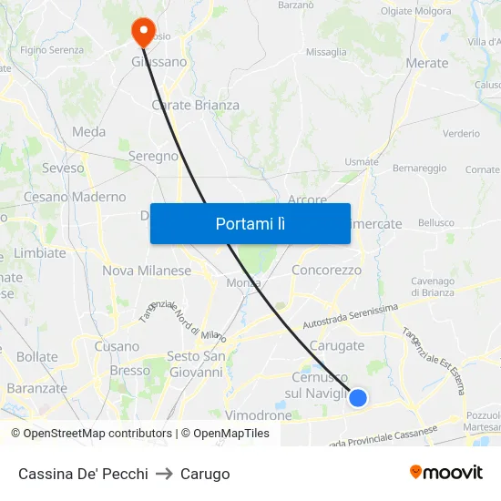 Cassina De' Pecchi to Carugo map