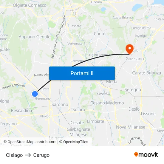 Cislago to Carugo map