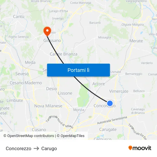Concorezzo to Carugo map