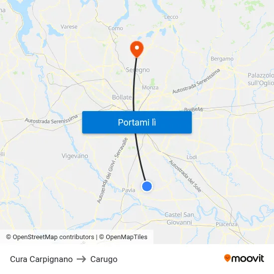 Cura Carpignano to Carugo map