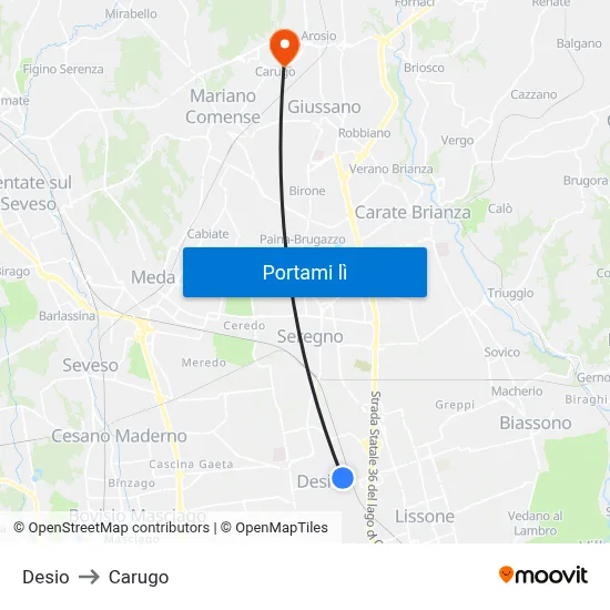 Desio to Carugo map