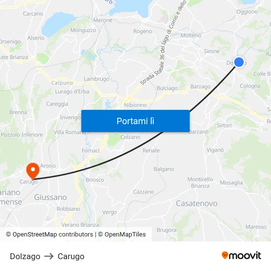 Dolzago to Carugo map