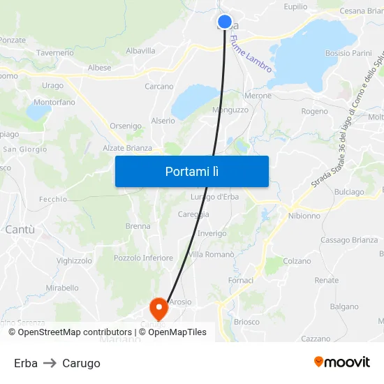 Erba to Carugo map