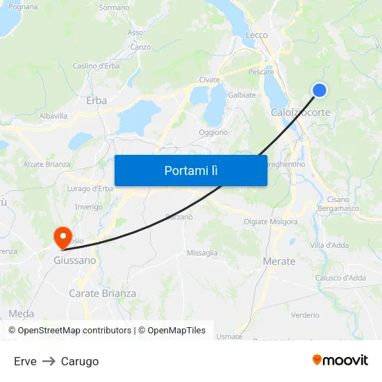 Erve to Carugo map