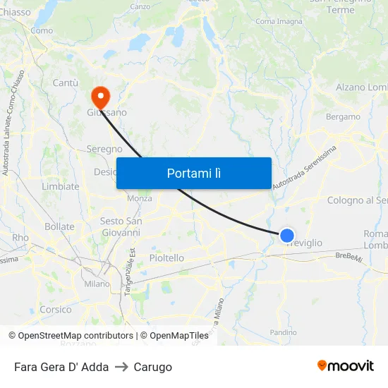 Fara Gera D' Adda to Carugo map