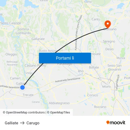 Galliate to Carugo map
