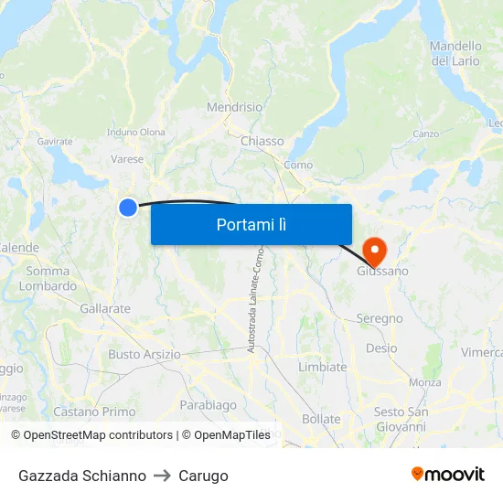 Gazzada Schianno to Carugo map
