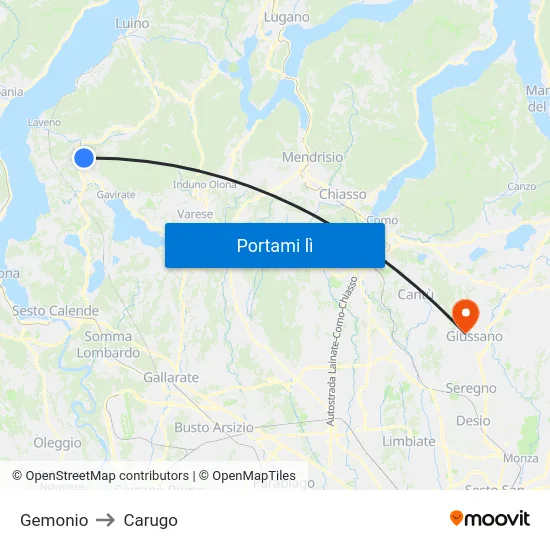 Gemonio to Carugo map