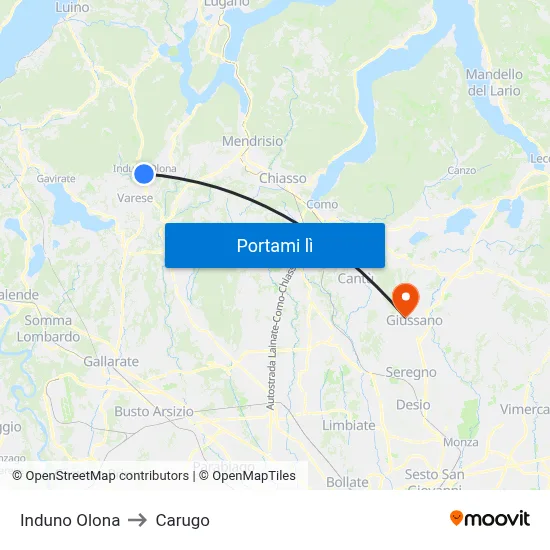 Induno Olona to Carugo map