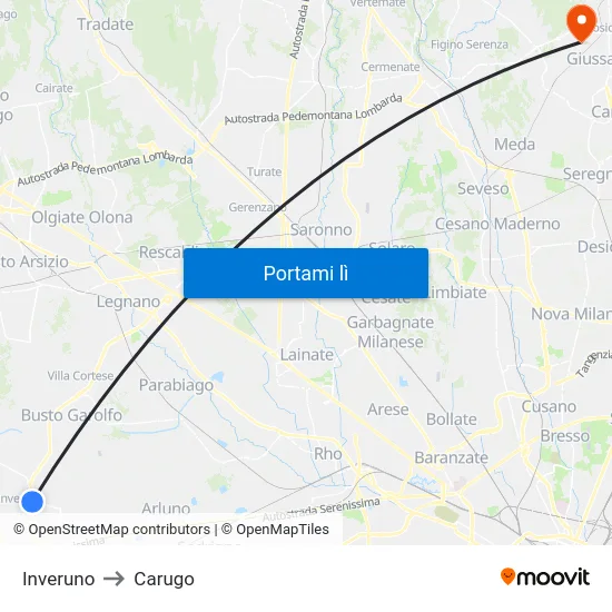 Inveruno to Carugo map