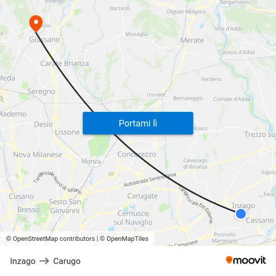 Inzago to Carugo map
