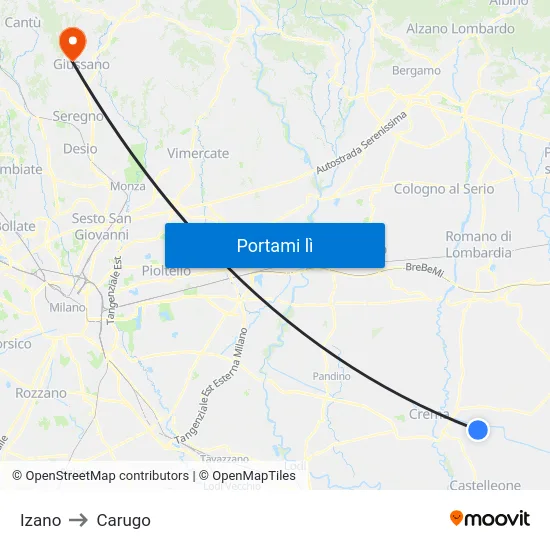 Izano to Carugo map