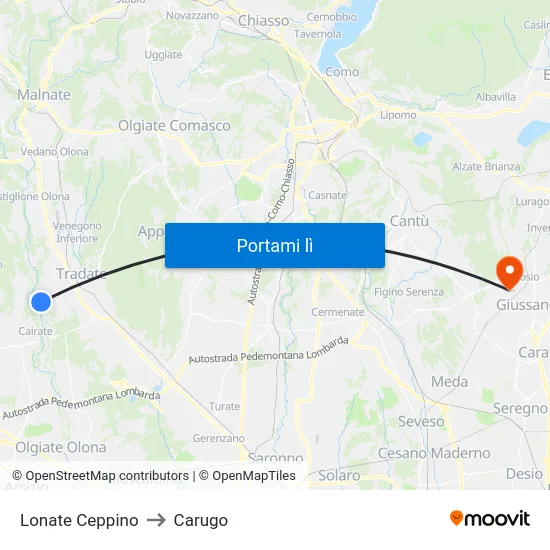 Lonate Ceppino to Carugo map