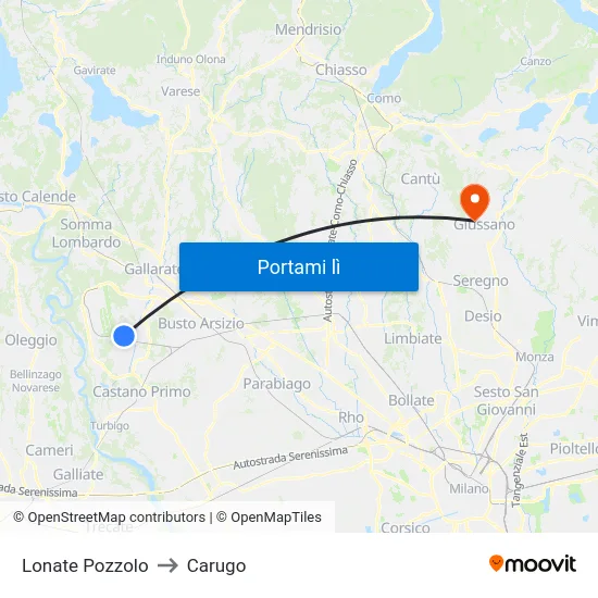 Lonate Pozzolo to Carugo map