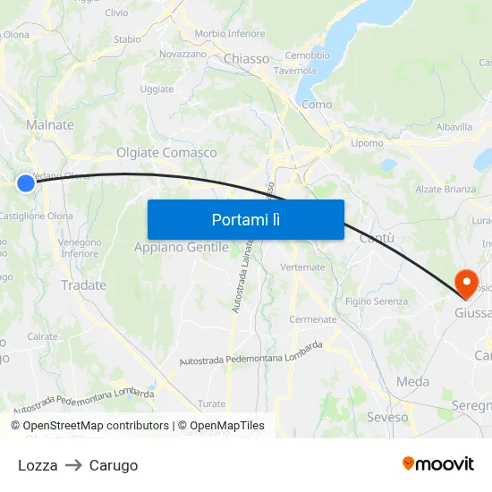 Lozza to Carugo map