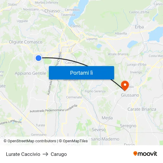 Lurate Caccivio to Carugo map