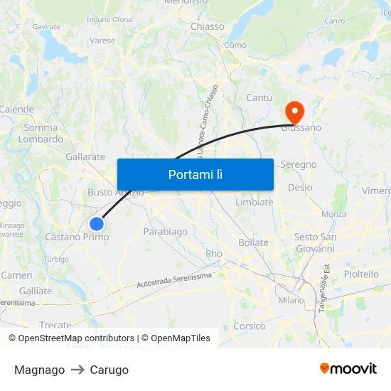 Magnago to Carugo map
