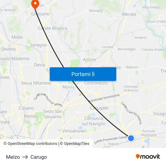 Melzo to Carugo map