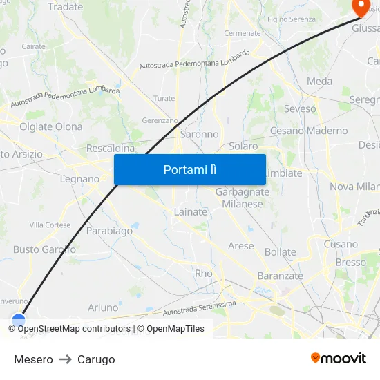 Mesero to Carugo map