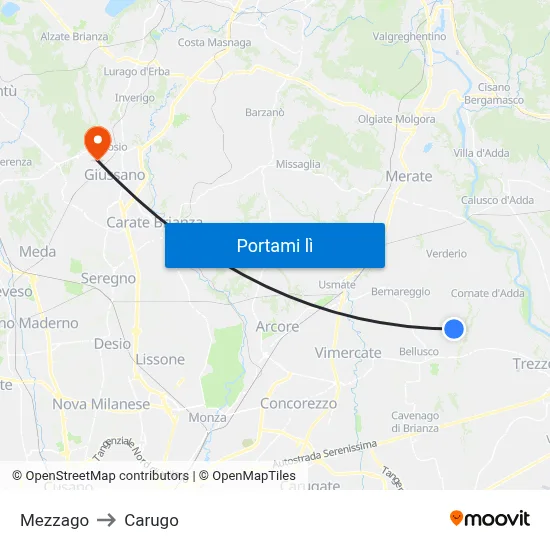 Mezzago to Carugo map