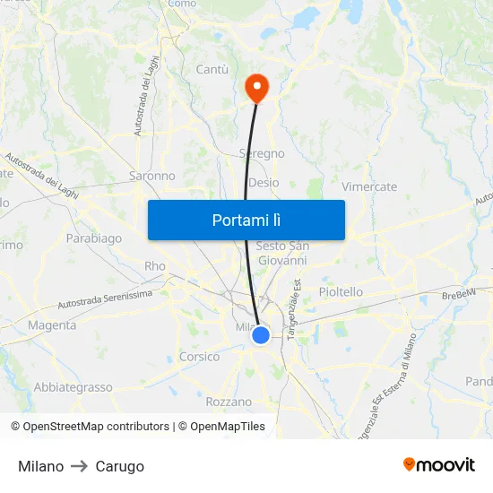Milano to Carugo map