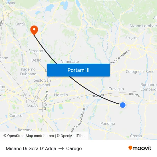 Misano Di Gera D' Adda to Carugo map
